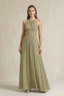 Halter A - Line Chiffon Ankle - Length Bridesmaid Dress in Thyme - SHE IS ME Bridesmaid Dresses