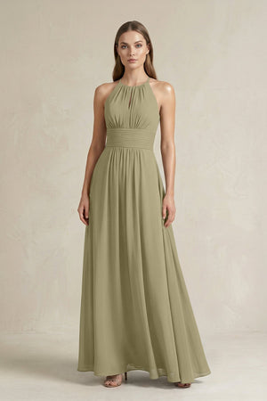 Halter A - Line Chiffon Ankle - Length Bridesmaid Dress in Thyme - SHE IS ME Bridesmaid Dresses