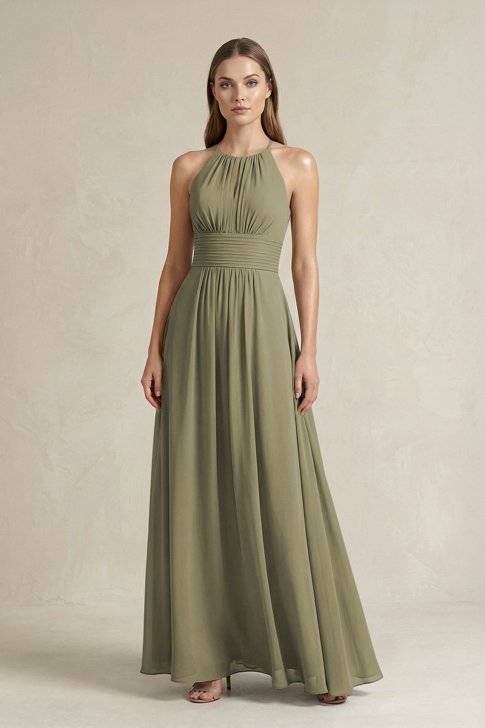 Halter A-Line Chiffon Ankle-Length Bridesmaid Dress in Thyme