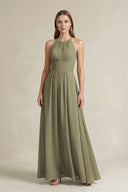 Halter A-Line Chiffon Ankle-Length Bridesmaid Dress in Thyme | KISSBRIDAL