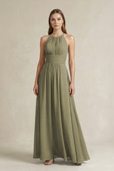 Halter A-Line Chiffon Ankle-Length Bridesmaid Dress in Thyme | KISSBRIDAL