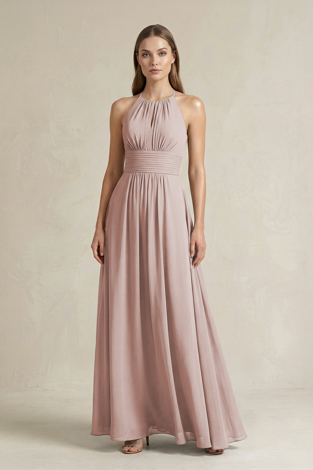 Halter A-Line Chiffon Ankle-Length Bridesmaid Dress in Toffee