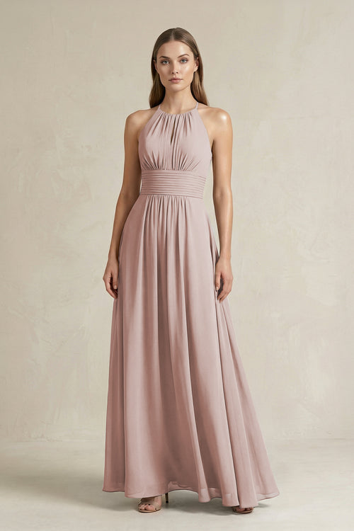 Halter A-Line Chiffon Ankle-Length Bridesmaid Dress in Toffee | KISSBRIDAL