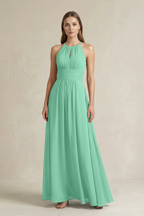 Halter A - Line Chiffon Ankle - Length Bridesmaid Dress in Turquoise - SHE IS ME Bridesmaid Dresses