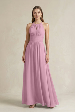 Halter A - Line Chiffon Ankle - Length Bridesmaid Dress in Vintage Mauve - SHE IS ME Bridesmaid Dresses