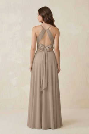 Halter A-Line Chiffon Bridesmaid Dress With Slit in Almond (2) | KISSBRIDAL