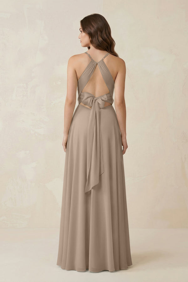 Halter A-Line Chiffon Bridesmaid Dress With Slit in Almond (2) | KISSBRIDAL