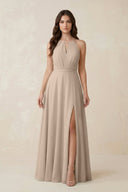 Halter A - Line Chiffon Bridesmaid Dress With Slit in Almond - KISS BRIDAL Bridesmaid Dresses
