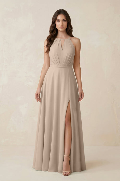 Halter A - Line Chiffon Bridesmaid Dress With Slit in Almond - KISS BRIDAL Bridesmaid Dresses