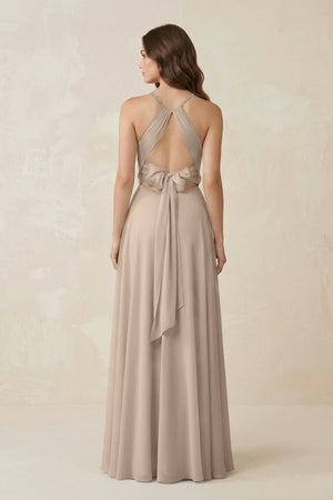 Halter A - Line Chiffon Bridesmaid Dress With Slit in Almond - KISS BRIDAL Bridesmaid Dresses