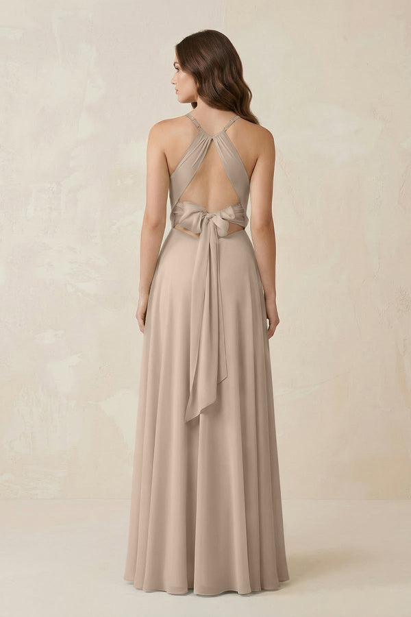 Halter A - Line Chiffon Bridesmaid Dress With Slit in Almond - KISS BRIDAL Bridesmaid Dresses