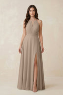 Halter A-Line Chiffon Bridesmaid Dress With Slit in Almond | KISSBRIDAL