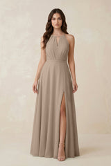 Halter A-Line Chiffon Bridesmaid Dress With Slit in Almond | KISSBRIDAL