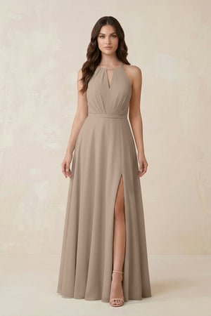 Halter A-Line Chiffon Bridesmaid Dress With Slit in Almond | KISSBRIDAL