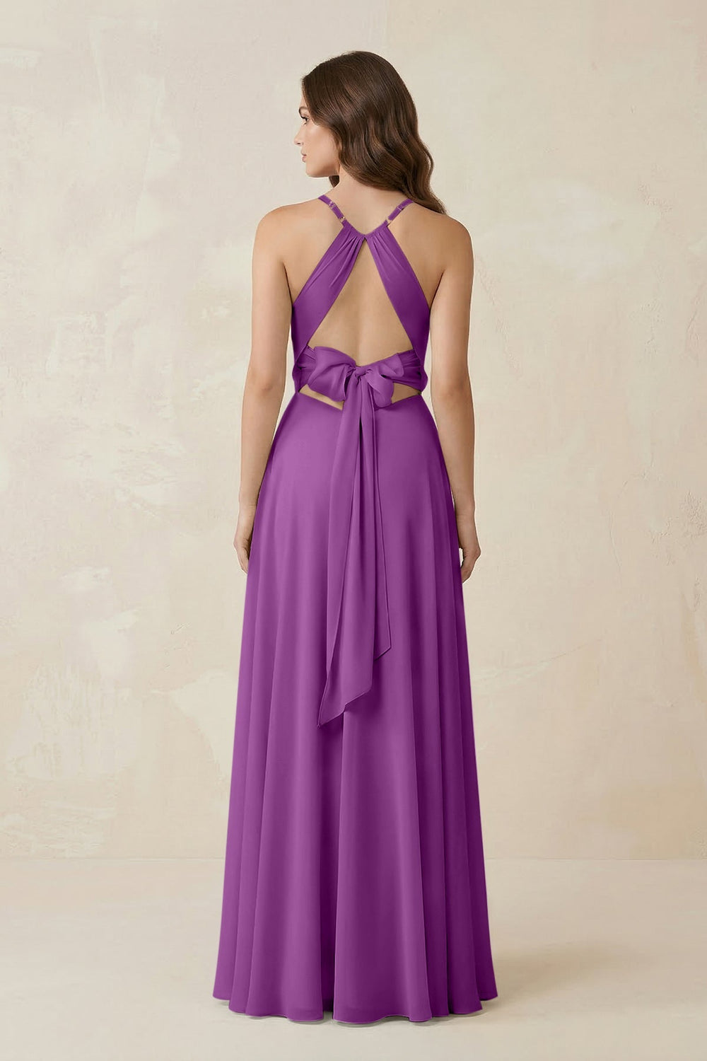 Halter A - Line Chiffon Bridesmaid Dress With Slit in Amethyst - KISS BRIDAL Bridesmaid Dresses