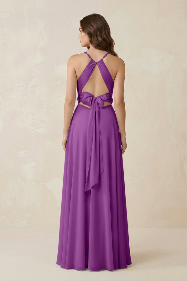 Halter A - Line Chiffon Bridesmaid Dress With Slit in Amethyst - KISS BRIDAL Bridesmaid Dresses