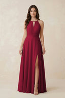 Halter A - Line Chiffon Bridesmaid Dress With Slit in Berry - KISS BRIDAL Bridesmaid Dresses