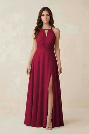 Halter A - Line Chiffon Bridesmaid Dress With Slit in Berry - KISS BRIDAL Bridesmaid Dresses