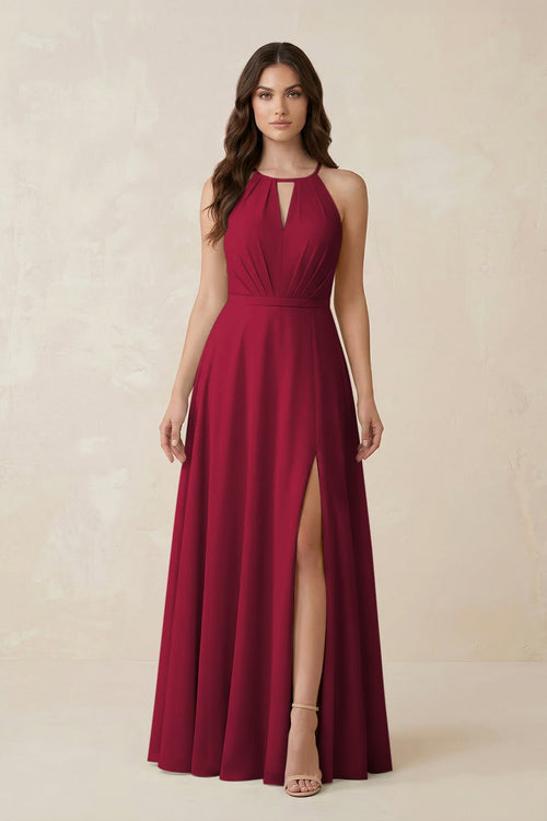 Halter A - Line Chiffon Bridesmaid Dress With Slit in Berry - KISS BRIDAL Bridesmaid Dresses