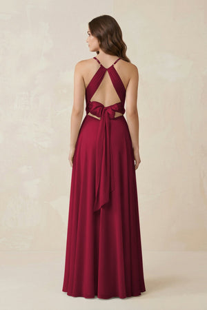 Halter A - Line Chiffon Bridesmaid Dress With Slit in Berry - KISS BRIDAL Bridesmaid Dresses