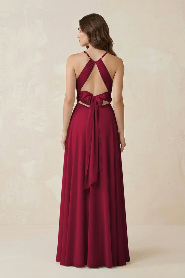 Halter A - Line Chiffon Bridesmaid Dress With Slit in Berry - KISS BRIDAL Bridesmaid Dresses