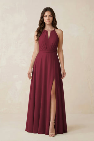 Halter A-Line Chiffon Bridesmaid Dress With Slit in Berry | KISSBRIDAL
