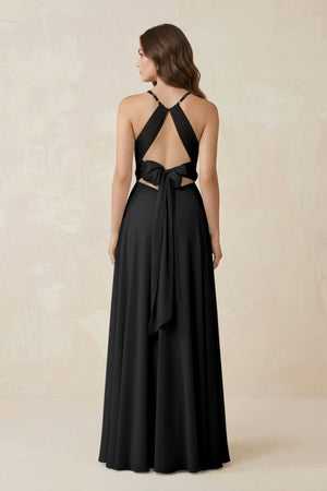 Halter A - Line Chiffon Bridesmaid Dress With Slit in Black - KISS BRIDAL Bridesmaid Dresses