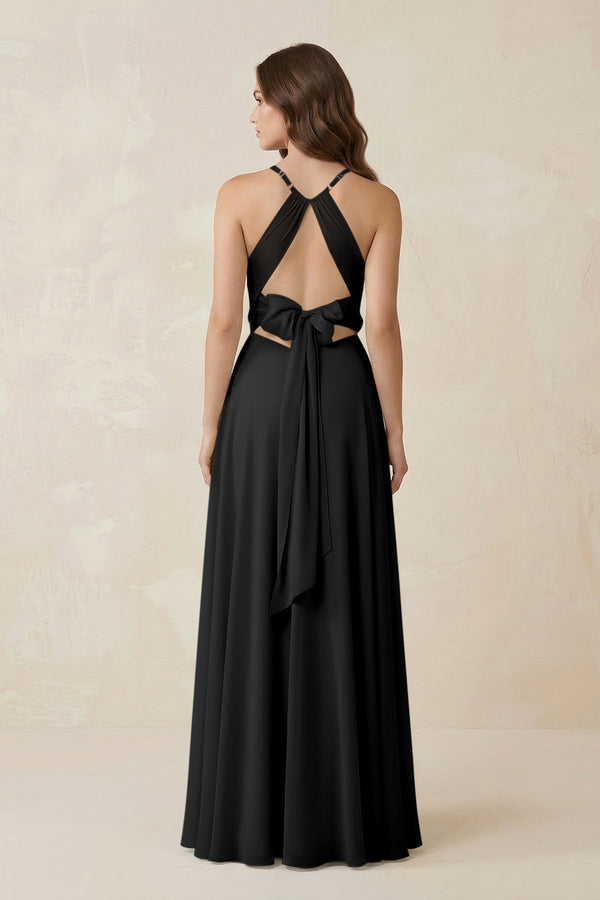 Halter A - Line Chiffon Bridesmaid Dress With Slit in Black - KISS BRIDAL Bridesmaid Dresses