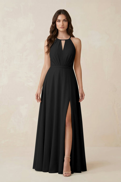 Halter A - Line Chiffon Bridesmaid Dress With Slit in Black - KISS BRIDAL Bridesmaid Dresses