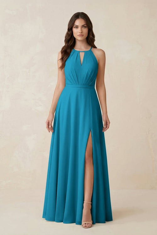 Halter A - Line Chiffon Bridesmaid Dress With Slit in Blue Jay - KISS BRIDAL Bridesmaid Dresses
