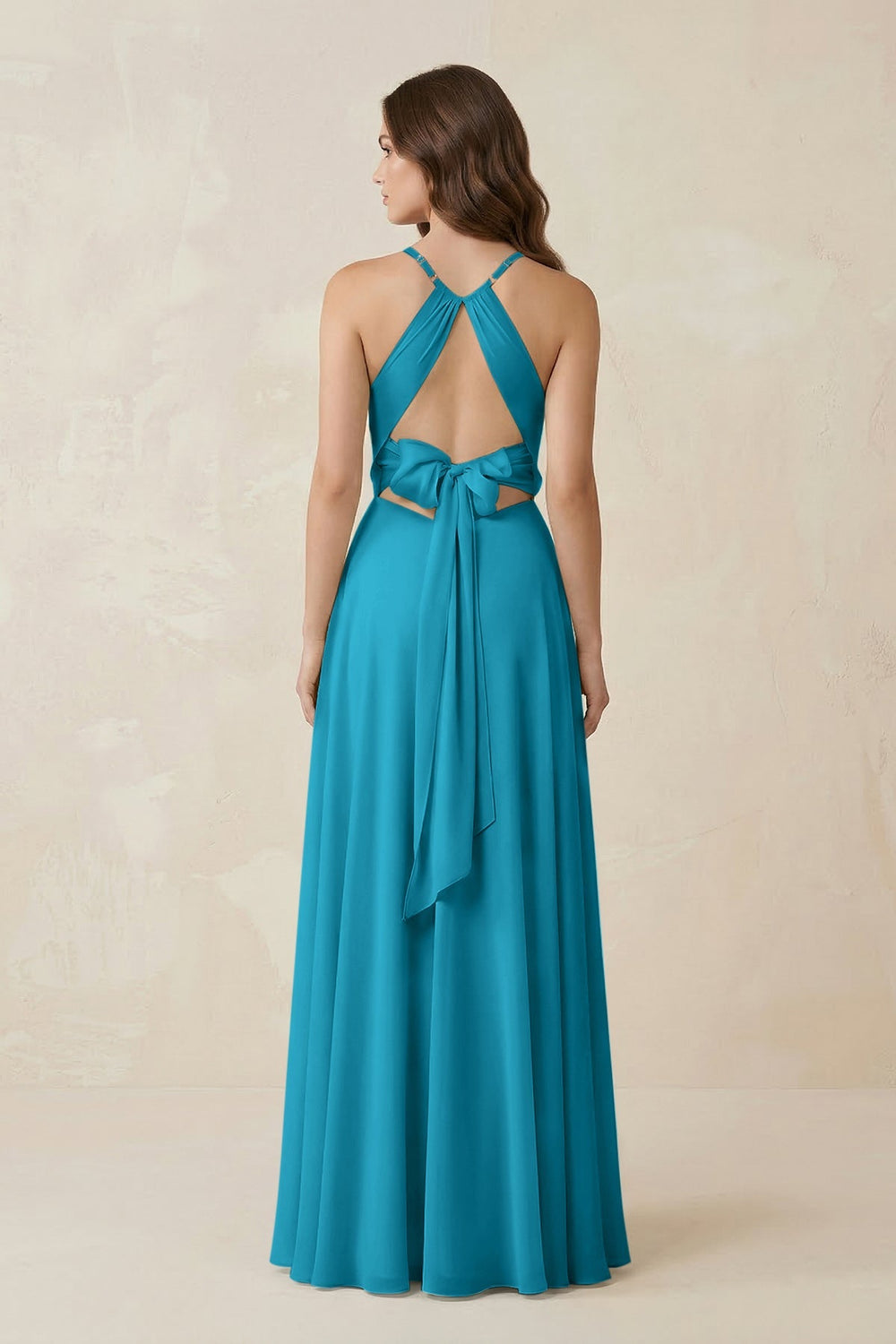 Halter A - Line Chiffon Bridesmaid Dress With Slit in Blue Jay - KISS BRIDAL Bridesmaid Dresses
