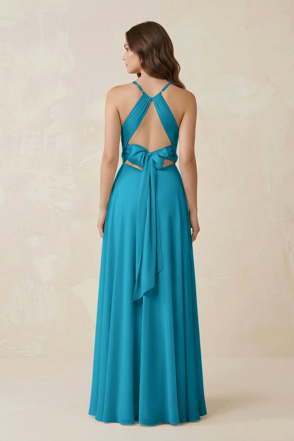 Halter A - Line Chiffon Bridesmaid Dress With Slit in Blue Jay - KISS BRIDAL Bridesmaid Dresses