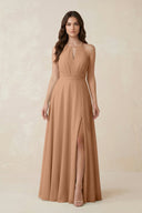 Halter A - Line Chiffon Bridesmaid Dress With Slit in Bronzer - KISS BRIDAL Bridesmaid Dresses