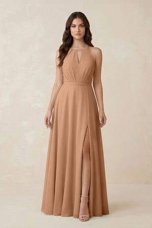 Halter A - Line Chiffon Bridesmaid Dress With Slit in Bronzer - KISS BRIDAL Bridesmaid Dresses