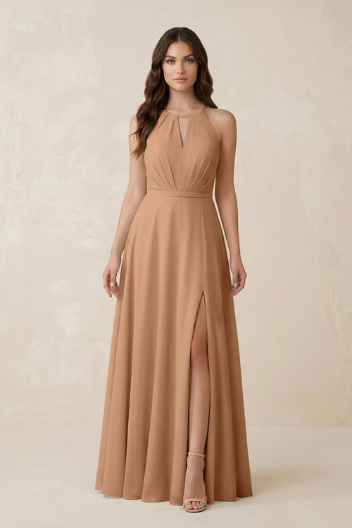 Halter A - Line Chiffon Bridesmaid Dress With Slit in Bronzer - KISS BRIDAL Bridesmaid Dresses