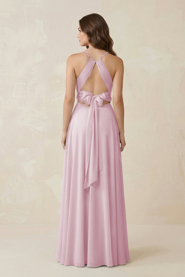 Halter A-Line Chiffon Bridesmaid Dress With Slit in Candy Pink (2) | KISSBRIDAL
