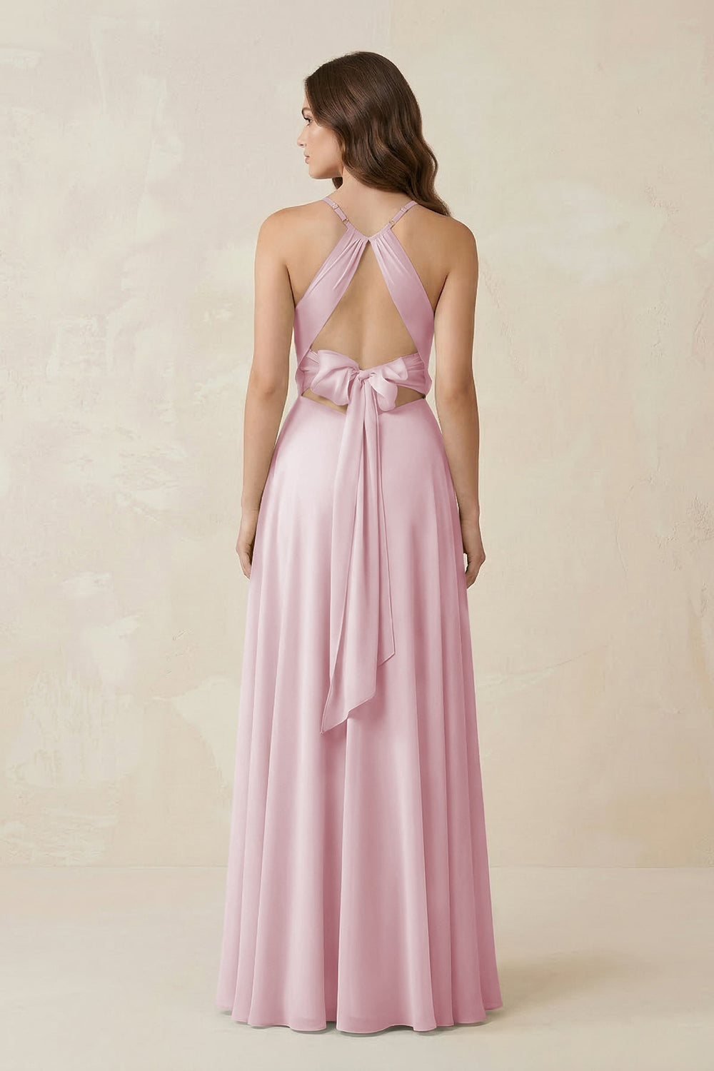 Halter A - Line Chiffon Bridesmaid Dress With Slit in Candy Pink - KISS BRIDAL Bridesmaid Dresses