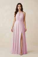Halter A-Line Chiffon Bridesmaid Dress With Slit in Candy Pink | KISSBRIDAL
