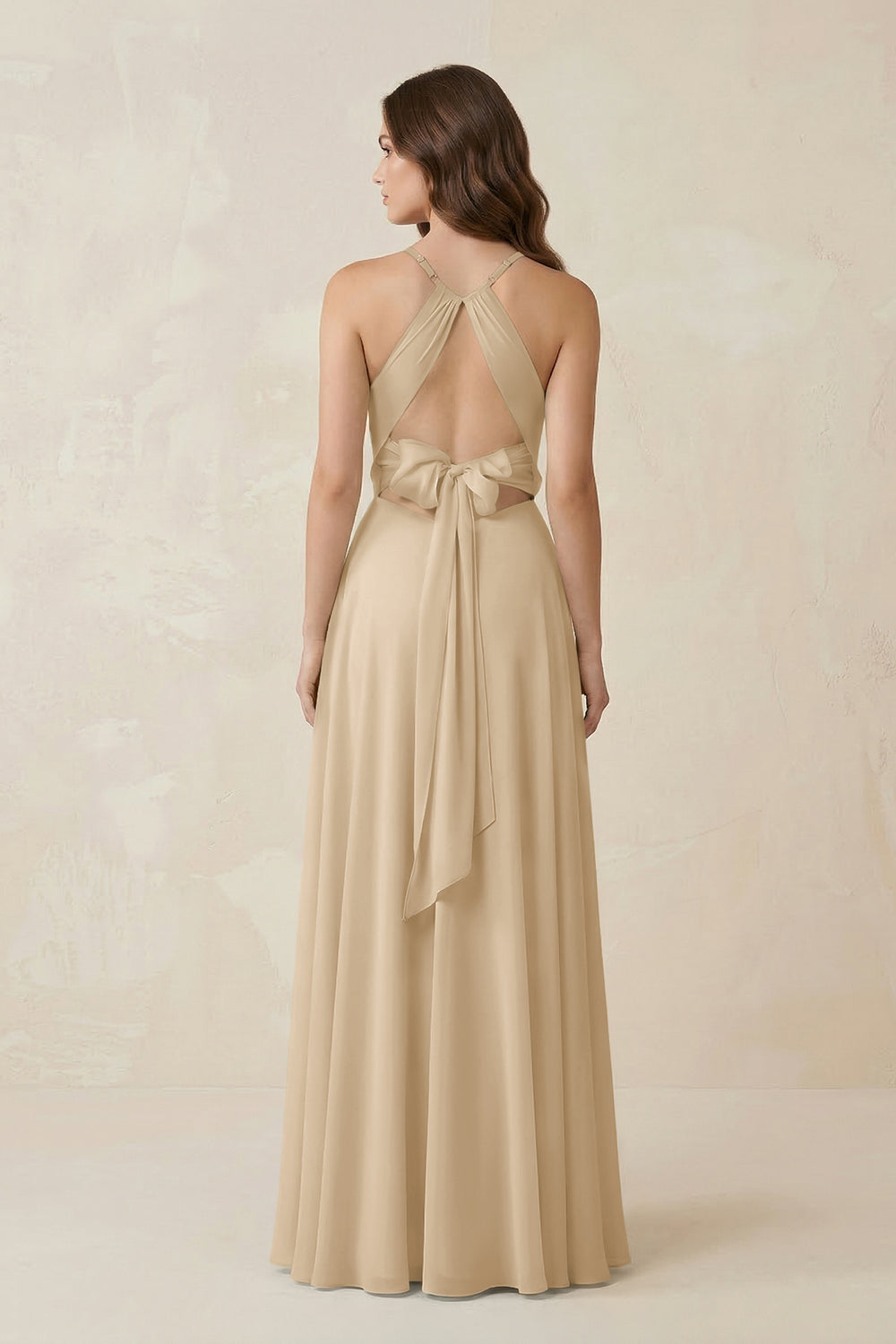 Halter A-Line Chiffon Bridesmaid Dress With Slit in Champagne