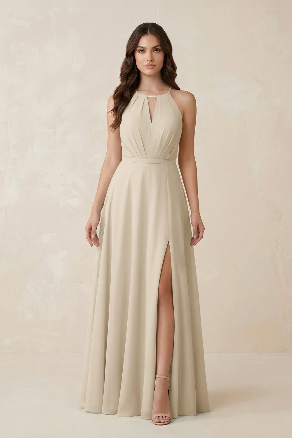 Halter A - Line Chiffon Bridesmaid Dress With Slit in Champagne - KISS BRIDAL Bridesmaid Dresses