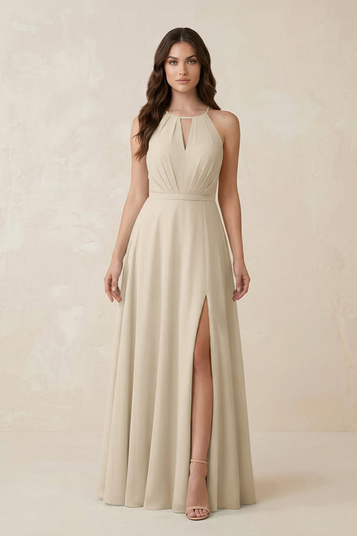 Halter A - Line Chiffon Bridesmaid Dress With Slit in Champagne - KISS BRIDAL Bridesmaid Dresses