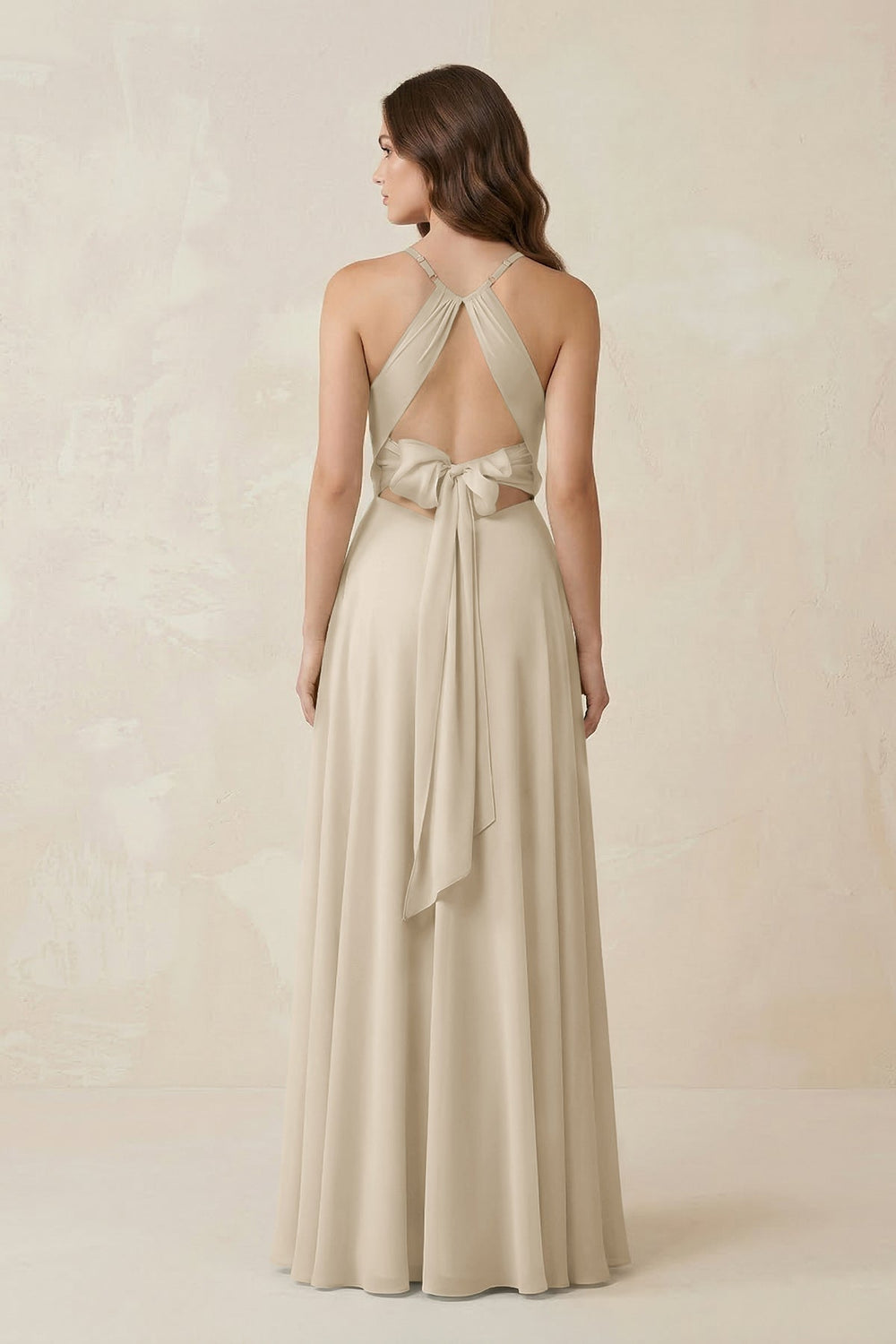 Halter A - Line Chiffon Bridesmaid Dress With Slit in Champagne - KISS BRIDAL Bridesmaid Dresses