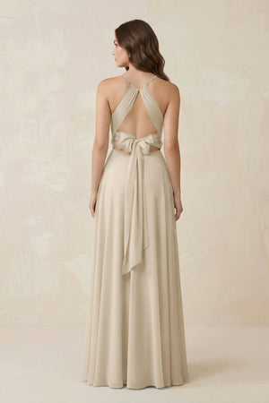 Halter A - Line Chiffon Bridesmaid Dress With Slit in Champagne - KISS BRIDAL Bridesmaid Dresses
