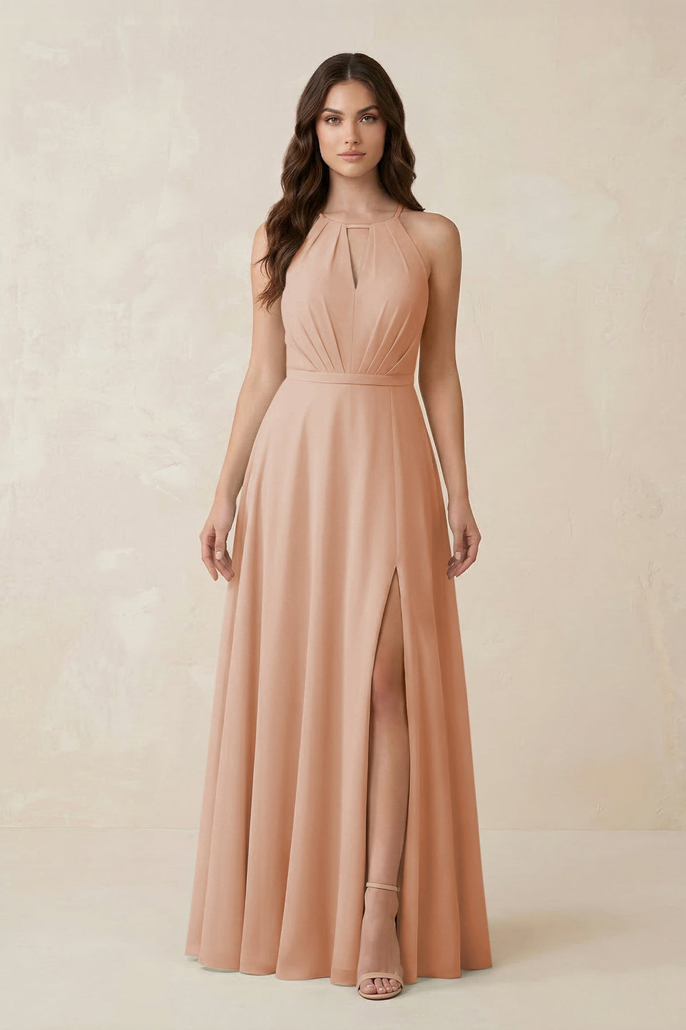 Halter A - Line Chiffon Bridesmaid Dress With Slit in Champagne Rose - KISS BRIDAL Bridesmaid Dresses
