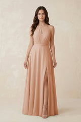 Halter A - Line Chiffon Bridesmaid Dress With Slit in Champagne Rose - KISS BRIDAL Bridesmaid Dresses