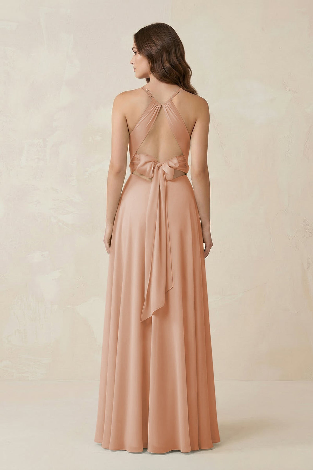 Halter A - Line Chiffon Bridesmaid Dress With Slit in Champagne Rose - KISS BRIDAL Bridesmaid Dresses
