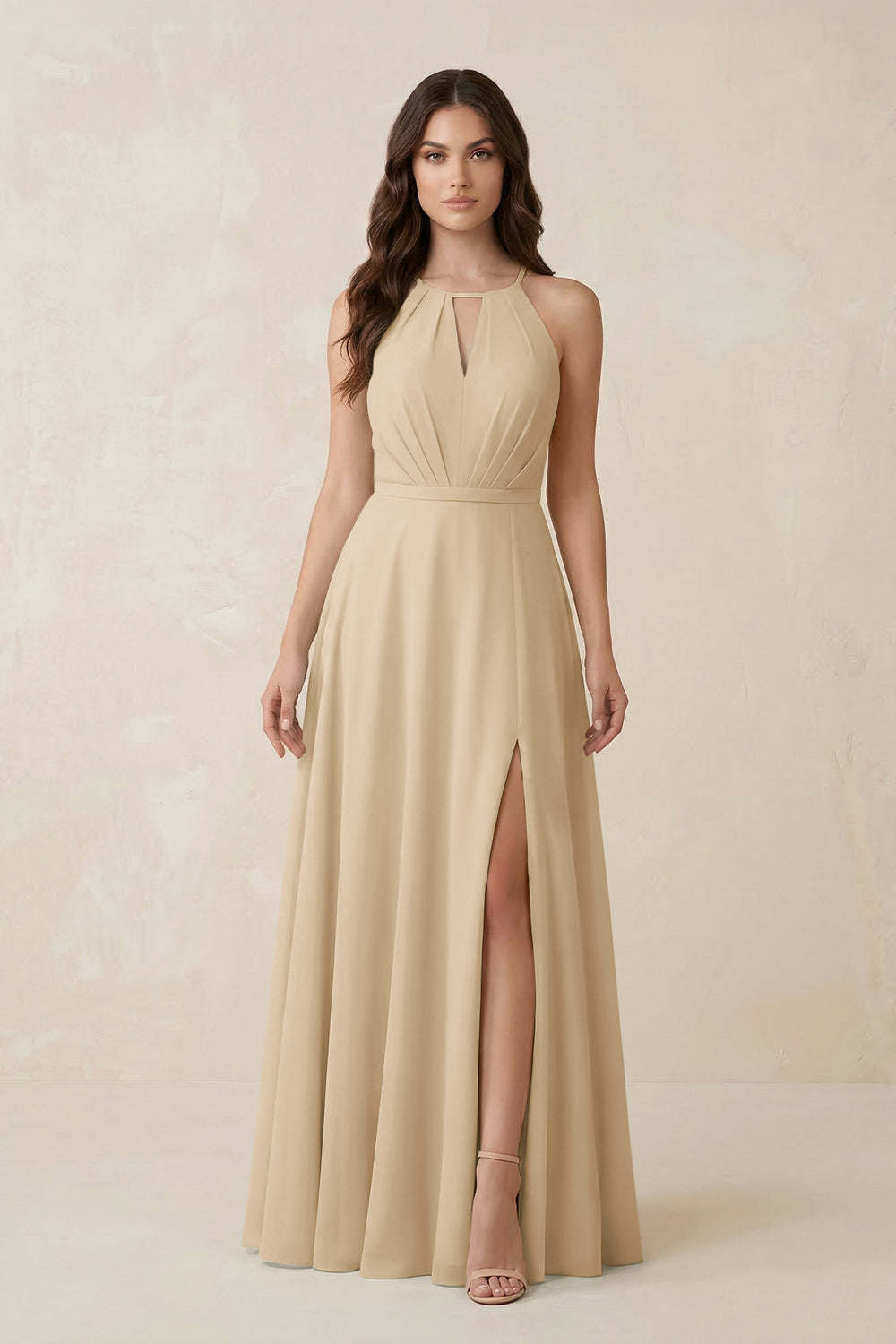 Halter A-Line Chiffon Bridesmaid Dress With Slit in Champagne