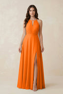 Halter A - Line Chiffon Bridesmaid Dress With Slit in Cinnamon - KISS BRIDAL Bridesmaid Dresses