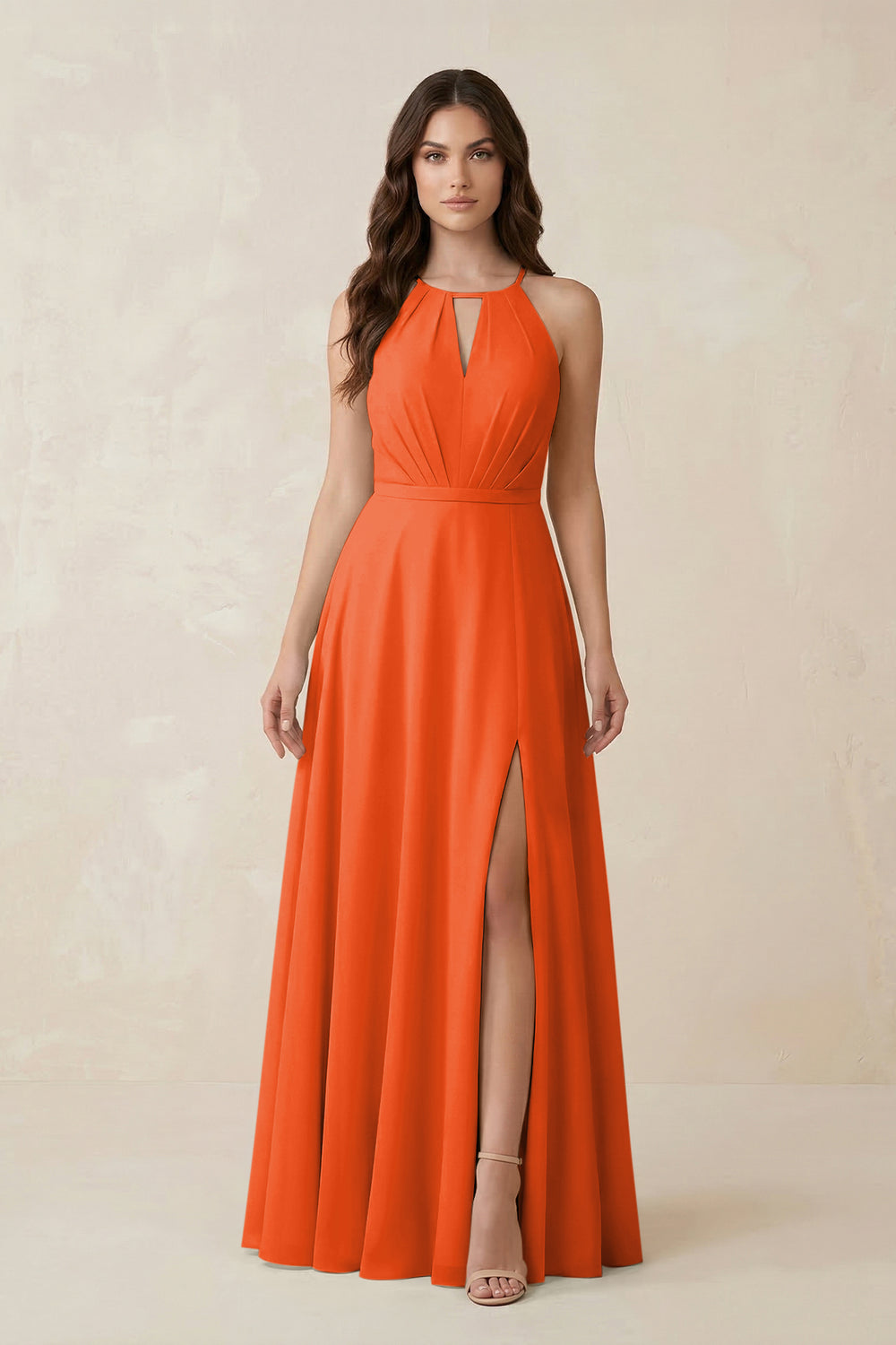 Halter A-Line Chiffon Bridesmaid Dress With Slit in Cinnamon