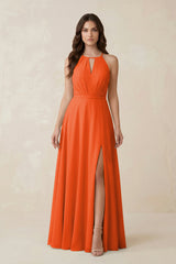 Halter A-Line Chiffon Bridesmaid Dress With Slit in Cinnamon | KISSBRIDAL
